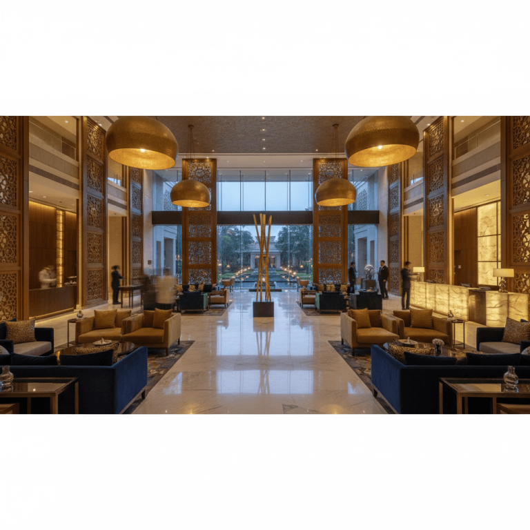 A grand, upscale hotel lobby in India with intricate wooden screens, large golden light fixtures, and modern seating areas.