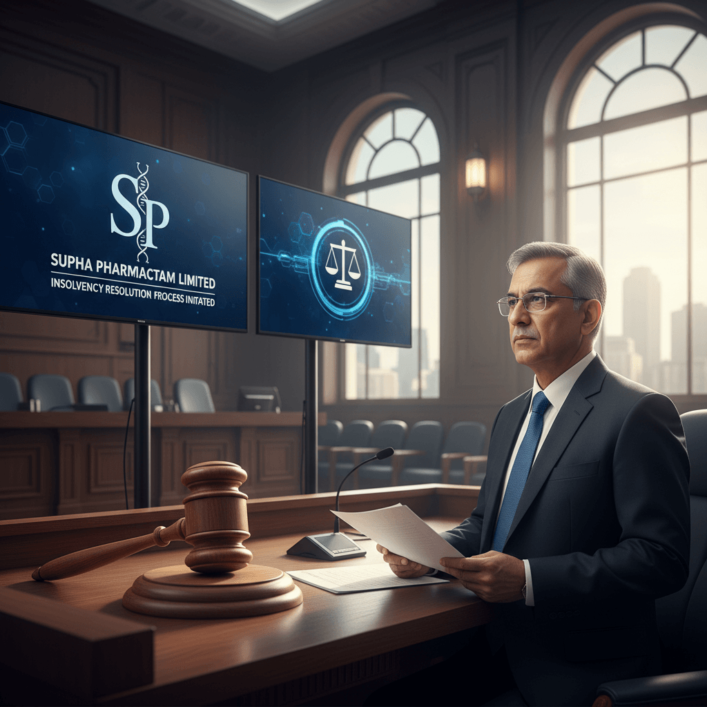 A man in a suit sits at a desk with a gavel and two monitors showing legal and corporate graphics.
