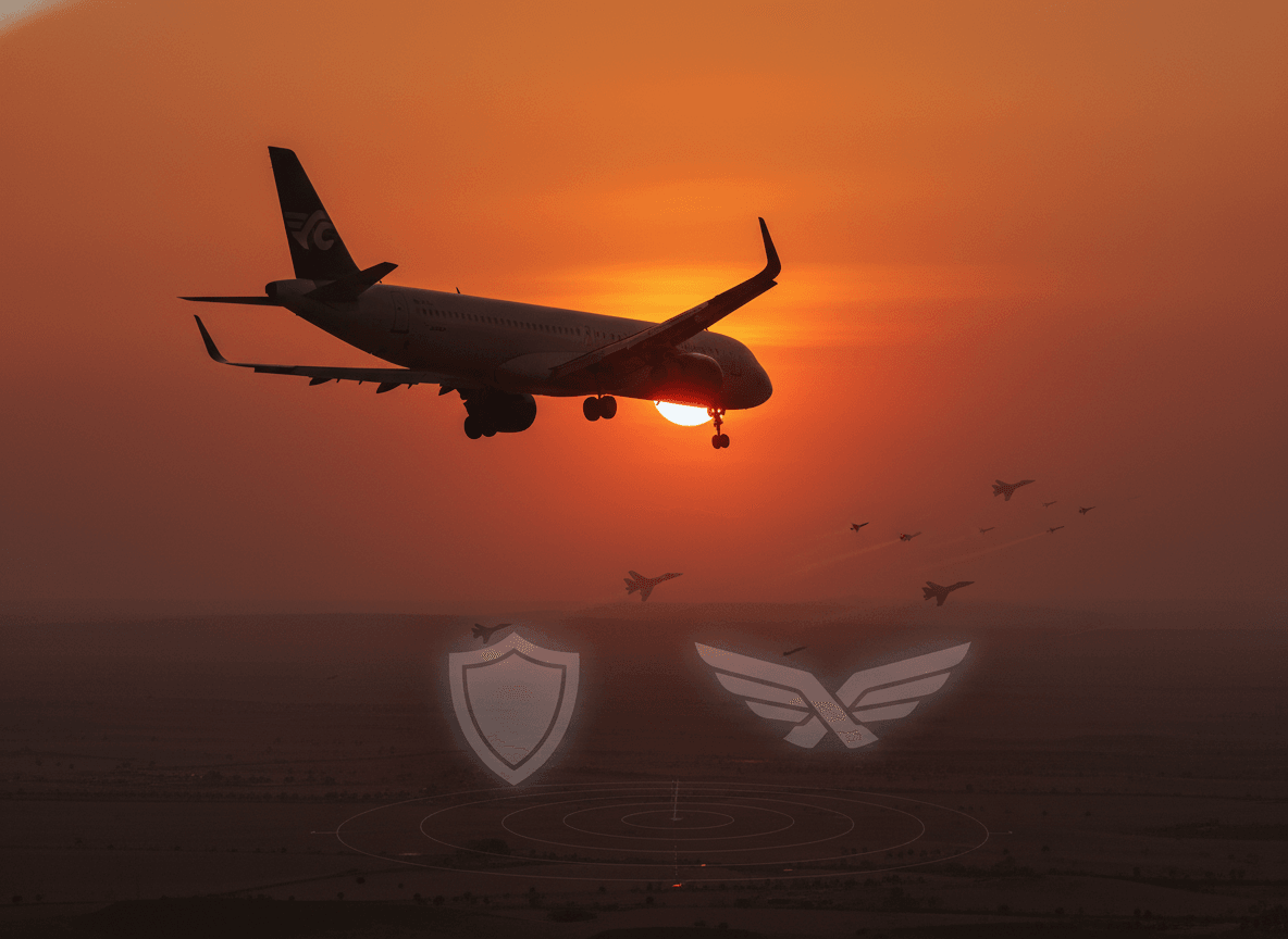 A passenger airplane silhouetted against a dramatic orange sunset, with faint fighter jets and shield/wing icons below.