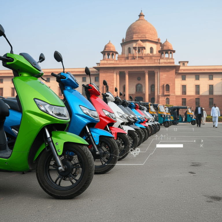 A row of colorful electric scooters and auto-rickshaws parked in front of a grand government building in India.