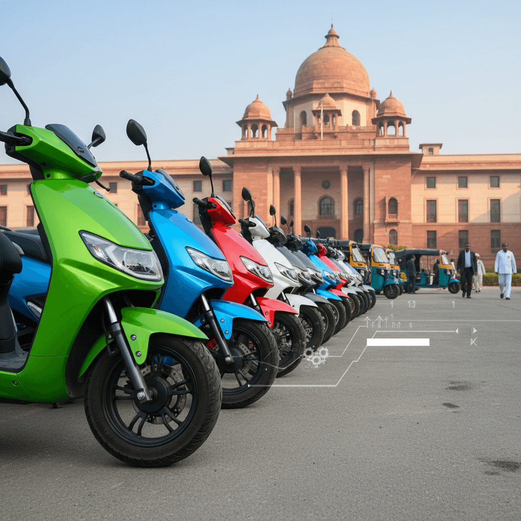 A row of colorful electric scooters and auto-rickshaws parked in front of a grand government building in India.