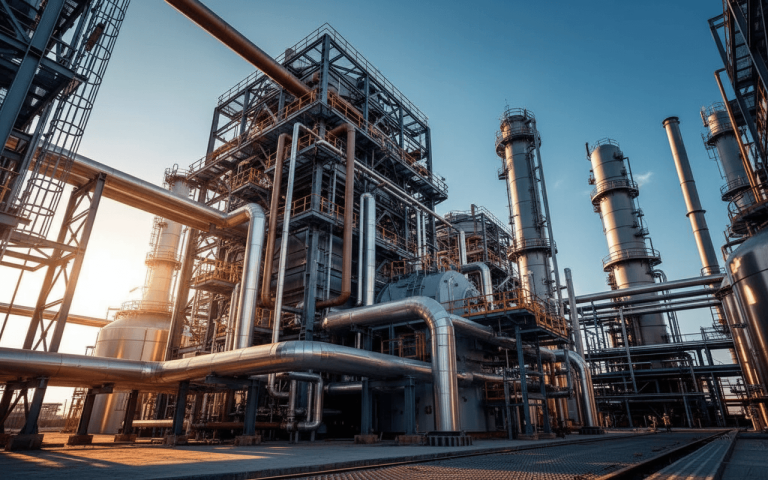A wide shot of a modern industrial facility with large boilers, intricate piping, and tall structures against a clear sky.