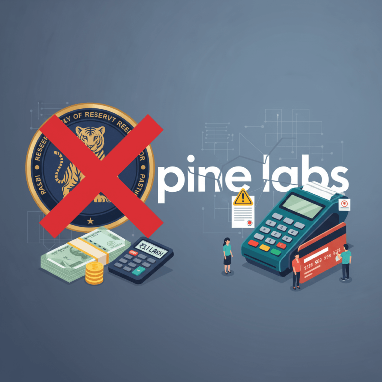 A visual representation of RBI penalizing Pine Labs, showing the RBI logo with a red 'X', a calculator displaying ₹3.1 Lakh, and a Pine Labs POS machine with a warning sign.