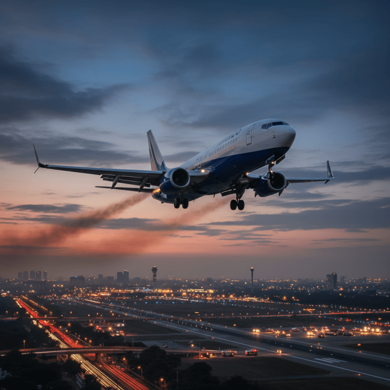 A large passenger jet with smoke trailing from an engine, taking off over a sprawling city at dusk.
