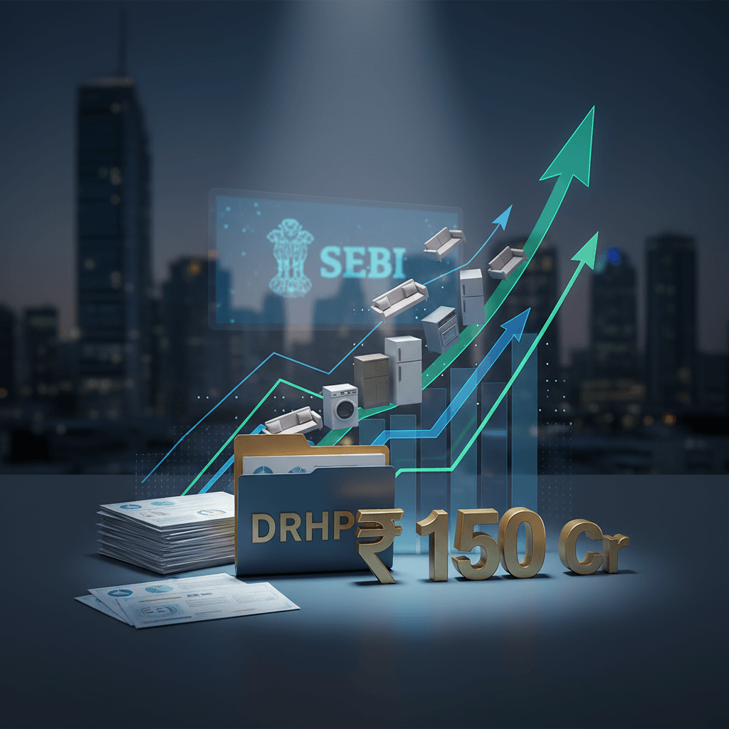 A professional image showing financial documents, furniture, and appliances with an upward trending graph and the SEBI logo.