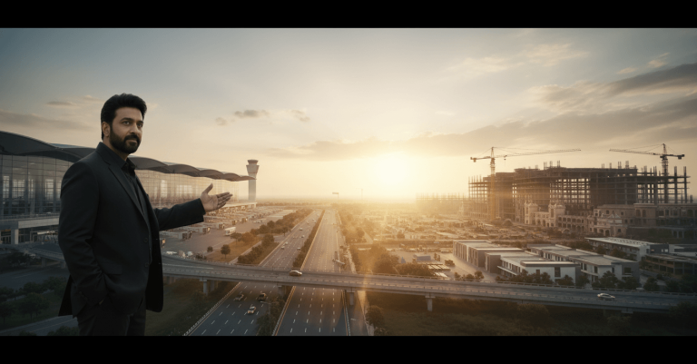 Boney Kapoor gestures towards a sprawling, modern airport and an adjacent film city under construction at sunset.