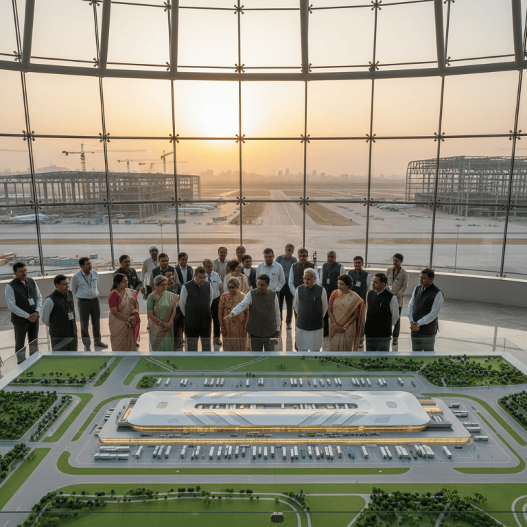 A group of government officials viewing a detailed model of a modern airport terminal with cargo infrastructure.