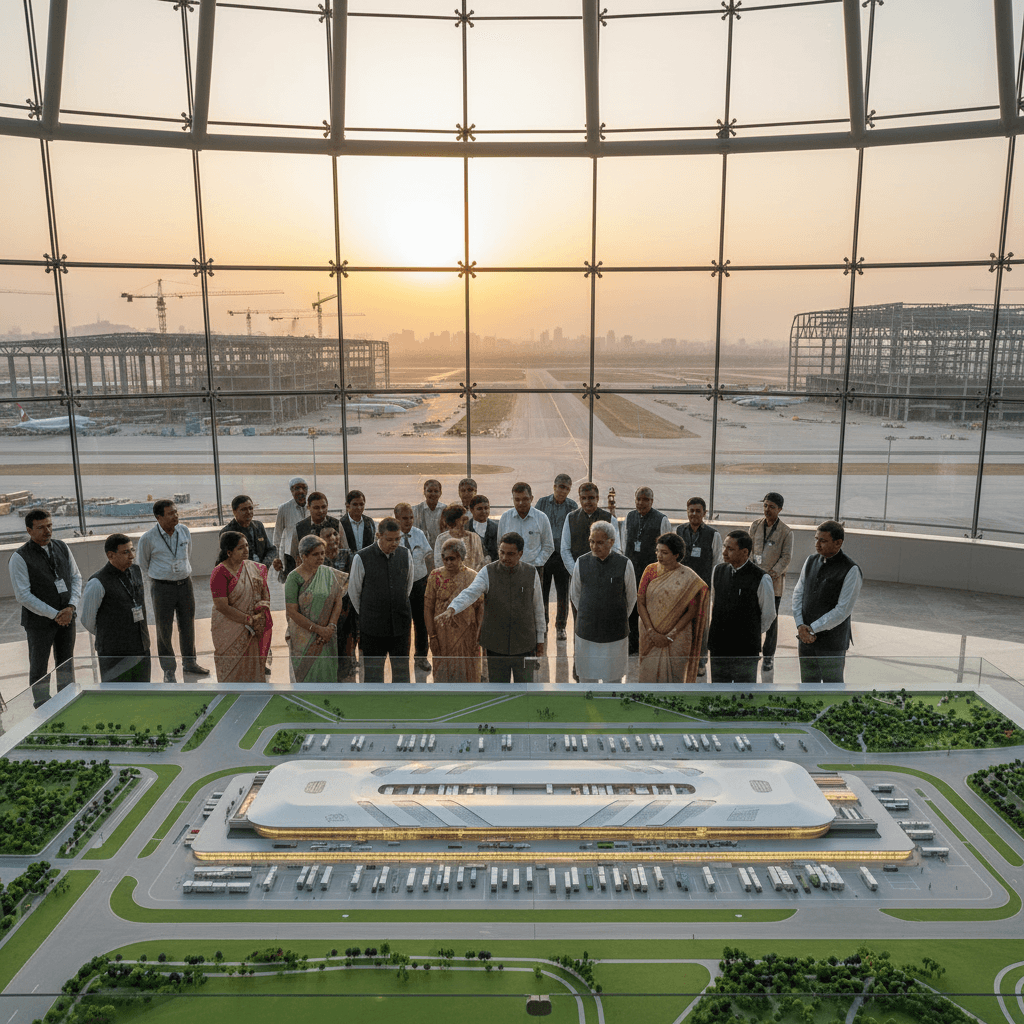 A group of government officials viewing a detailed model of a modern airport terminal with cargo infrastructure.