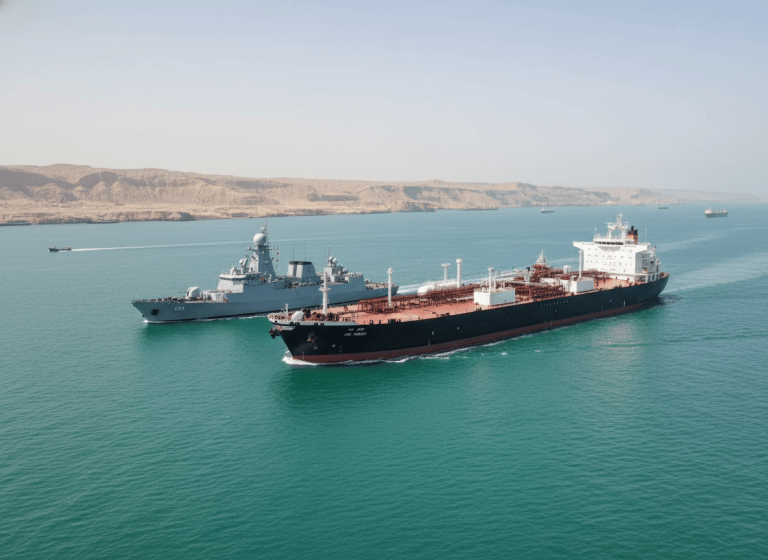 An Indian LPG tanker ship is escorted by an Indian Navy warship through the Strait of Hormuz, with desert mountains in background.