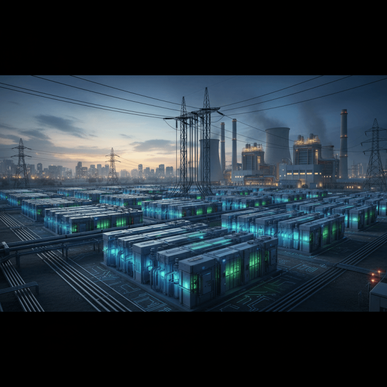 An advanced battery energy storage system facility with glowing blue and green units, power lines, and a thermal power plant in the background at dusk.