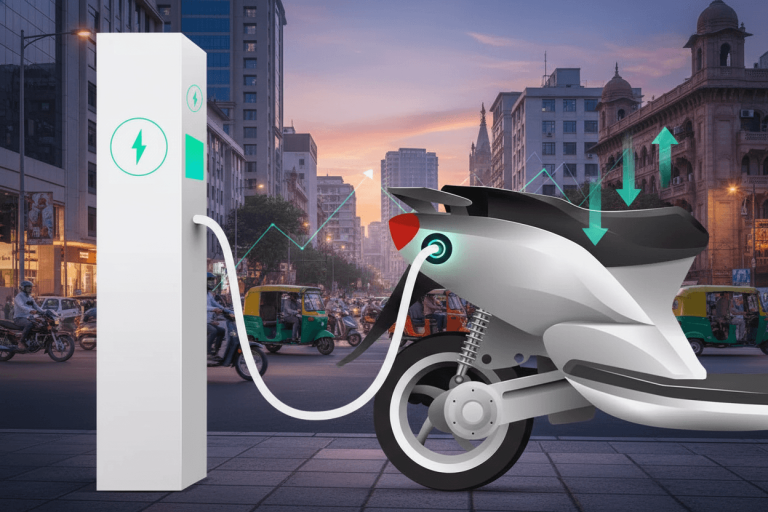 An electric scooter charges at a public station in an Indian city, with auto-rickshaws and bikes in the background.