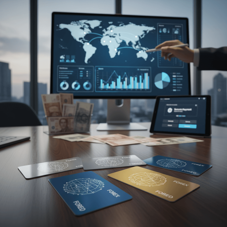A desk with multiple forex cards in silver, gold, and blue, a computer screen displaying a world map and financial charts, and a tablet.