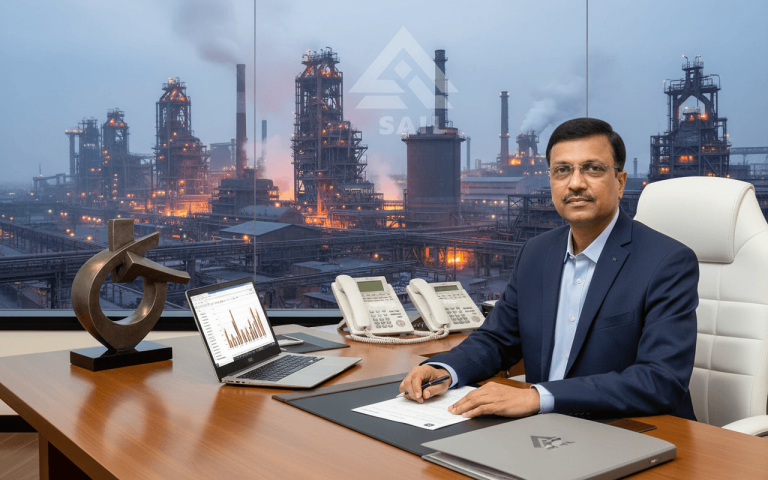 A man in a suit at an office desk, with a large industrial steel plant visible through the window behind him.
