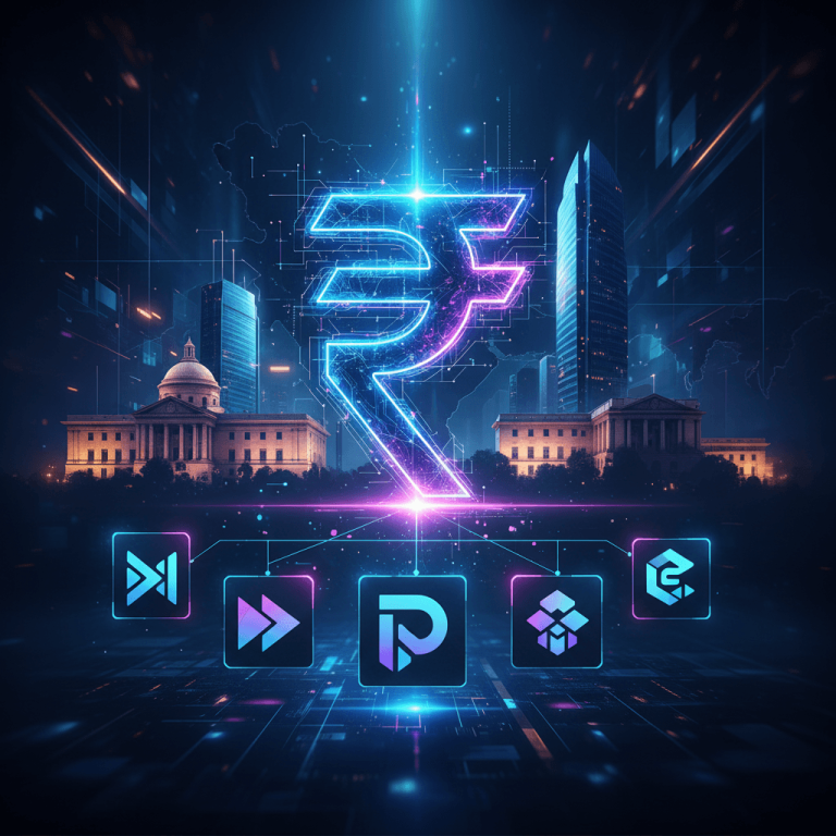 A vibrant neon Rupee symbol glowing above a futuristic city skyline, with interconnected fintech icons below.