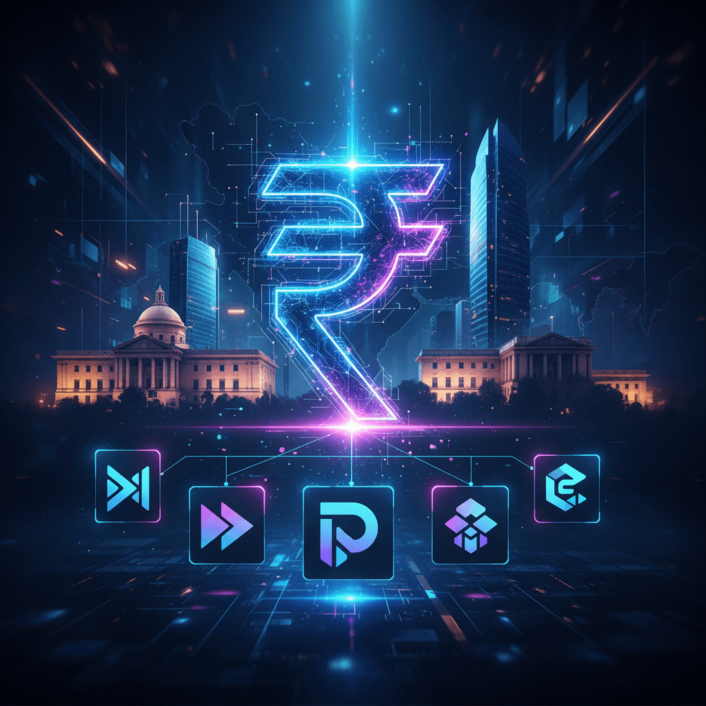 A vibrant neon Rupee symbol glowing above a futuristic city skyline, with interconnected fintech icons below.