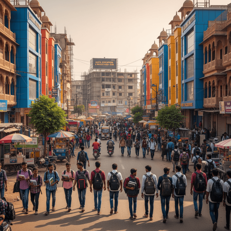 A vibrant street scene in Kota, Rajasthan, with numerous students walking and colorful buildings of coaching centers lining the road.