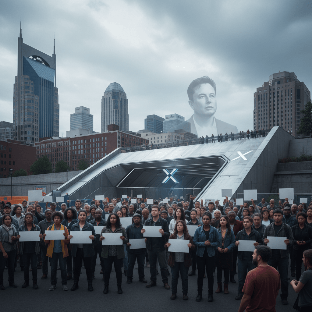 A large crowd of diverse people holds blank signs in protest in front of a futuristic tunnel entrance.