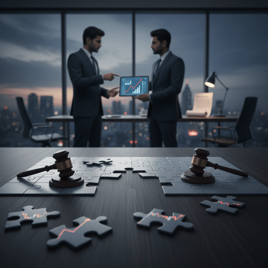 Two men in suits discuss a tablet with financial graphs, while gavels rest on a split jigsaw puzzle.