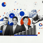 Three men in suits stand in front of a digital landscape with AI neural networks, financial charts, and a robotic arm placing coins on stacks.