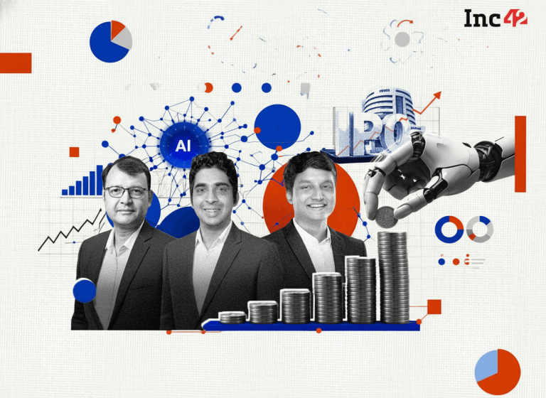 Three men in suits stand in front of a digital landscape with AI neural networks, financial charts, and a robotic arm placing coins on stacks.