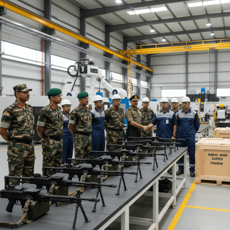 Indian Army officers and Adani Defence personnel stand in a modern factory with light machine guns on display.