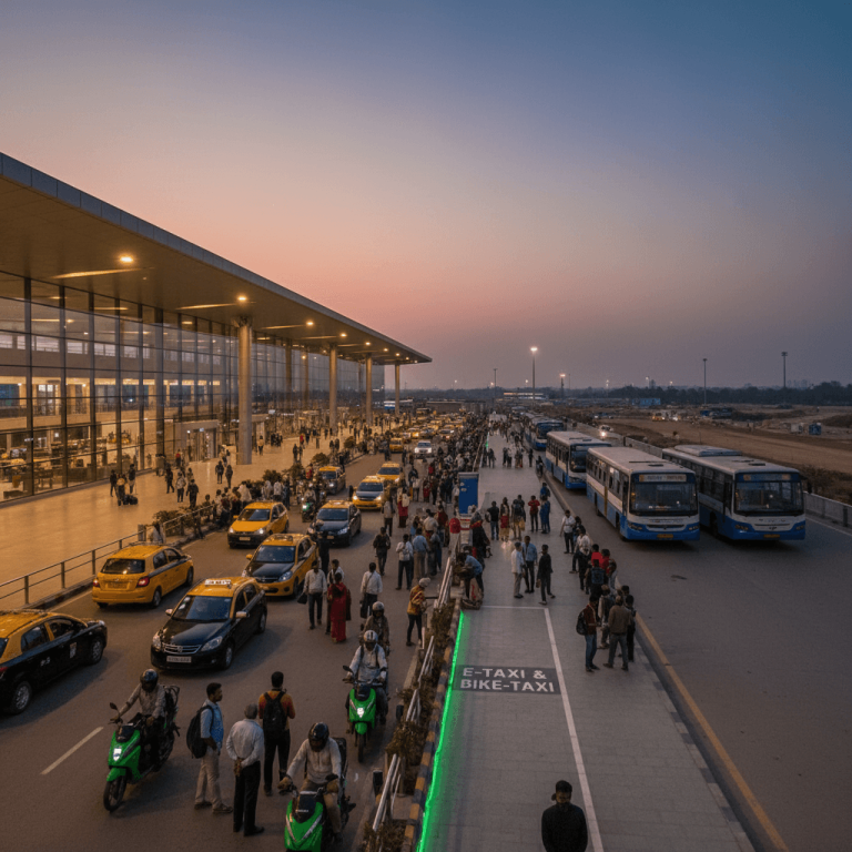 An aerial view of a busy airport terminal entrance at dusk, with taxis, bike taxis, and buses.