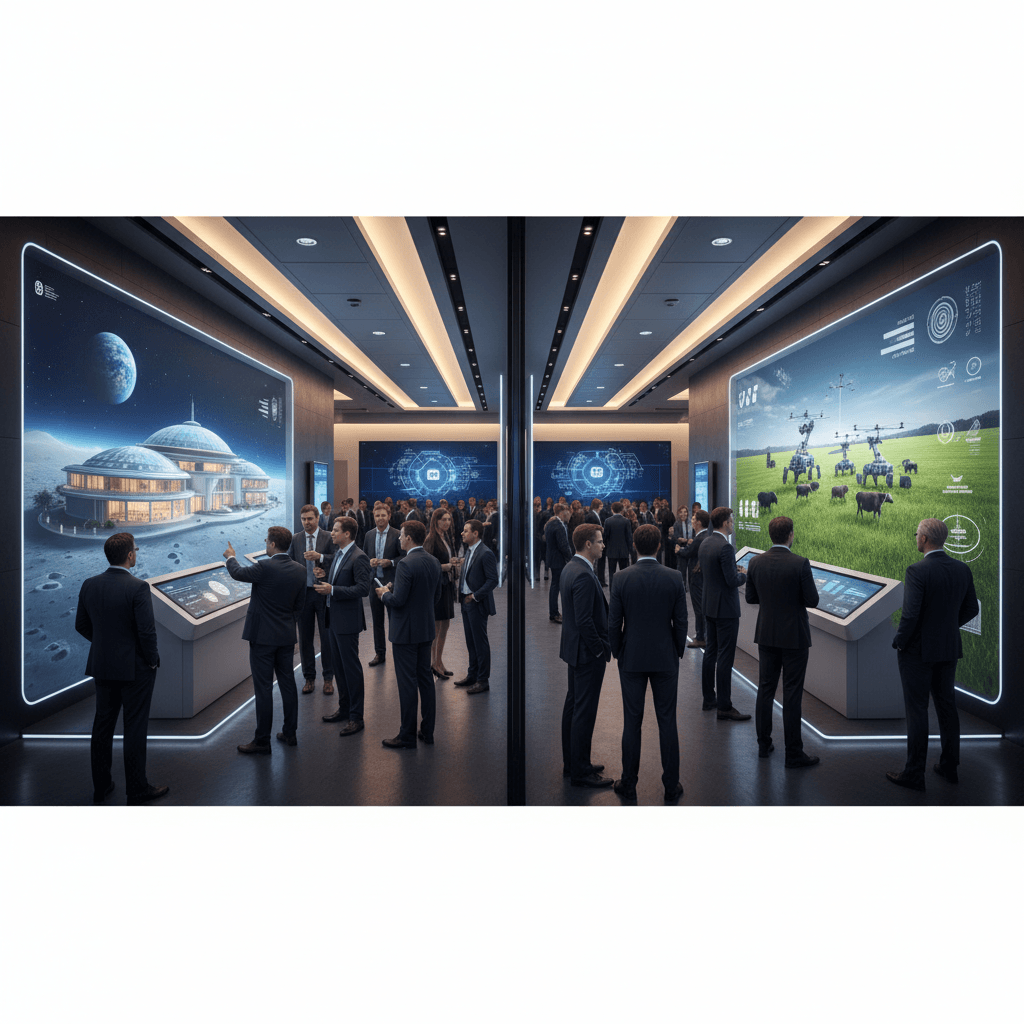 A professional tech demo day with attendees viewing two large, distinct digital projections: a futuristic moon hotel and advanced cattle herding.