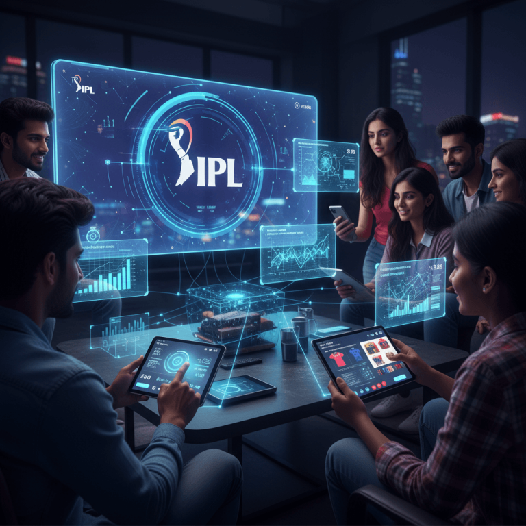 A group of Indian people engaged with multiple glowing holographic screens displaying IPL statistics, charts, and e-commerce.