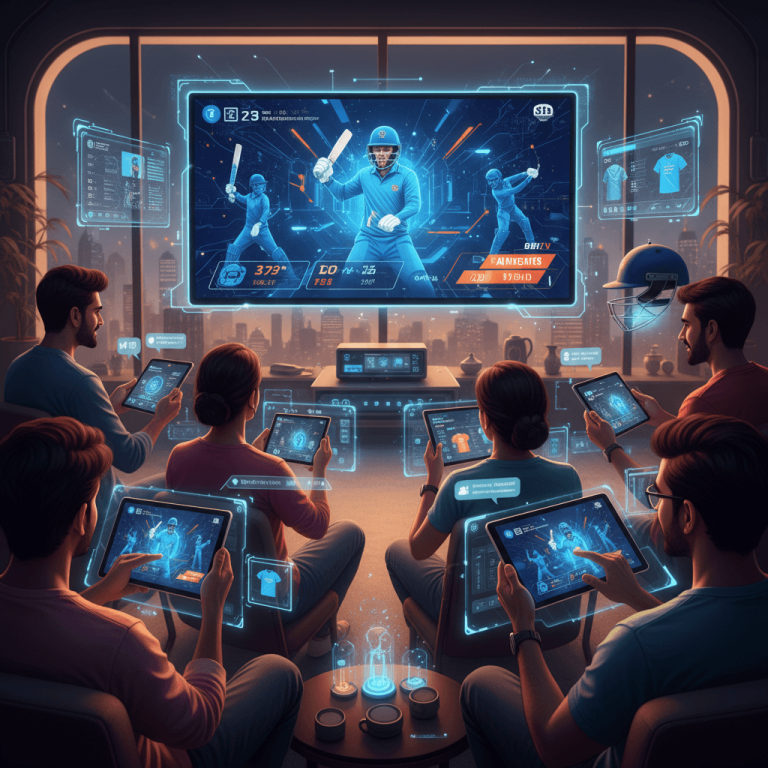 A group of people watching an IPL cricket match on a large screen, each interacting with stats and commerce on tablets.