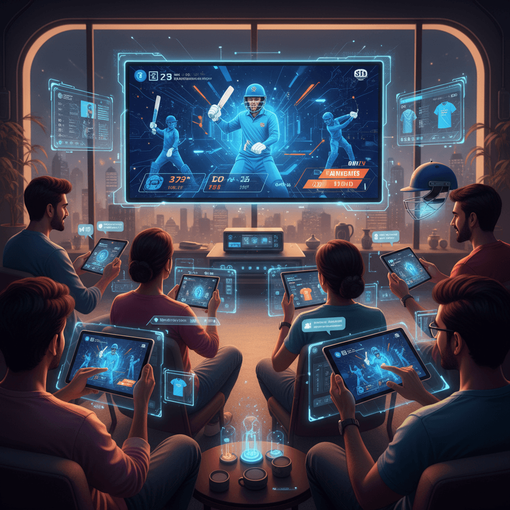 A group of people watching an IPL cricket match on a large screen, each interacting with stats and commerce on tablets.