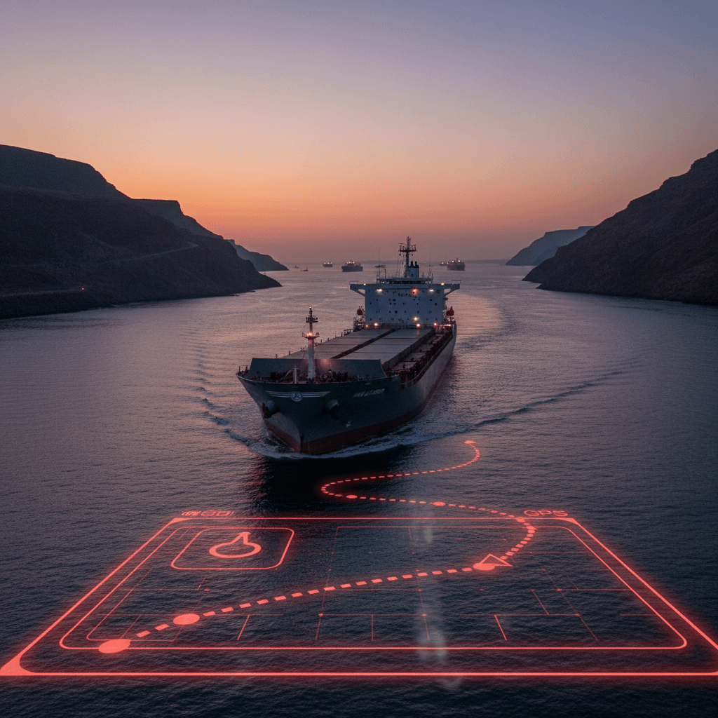 A cargo ship sails through a narrow strait between mountains at dusk, with a glowing red GPS disruption graphic overlay.