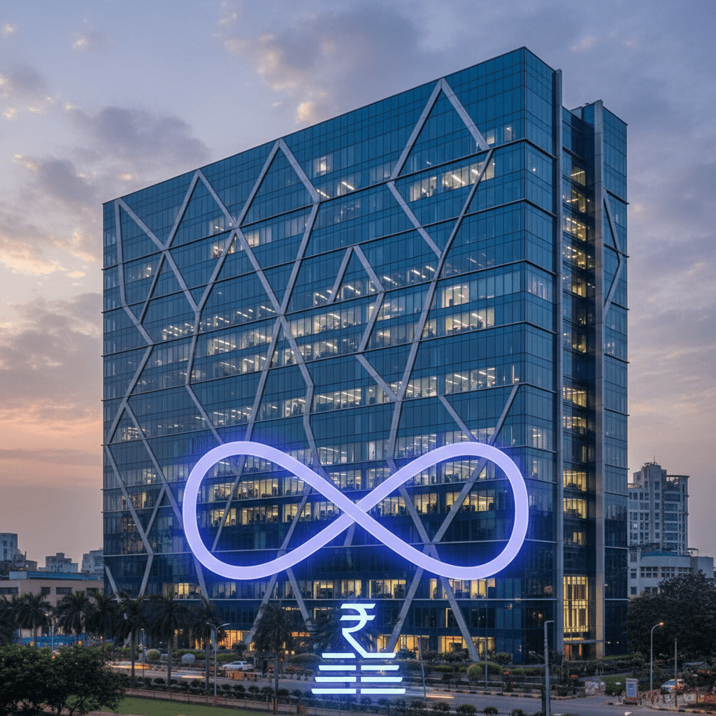 A professional, modern glass office building in Mumbai at dusk, featuring a large, glowing infinity symbol.