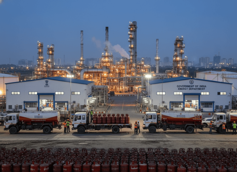 An illuminated Indian oil refinery at dusk, with trucks loading fuel tanks and cylinders, representing robust supply.