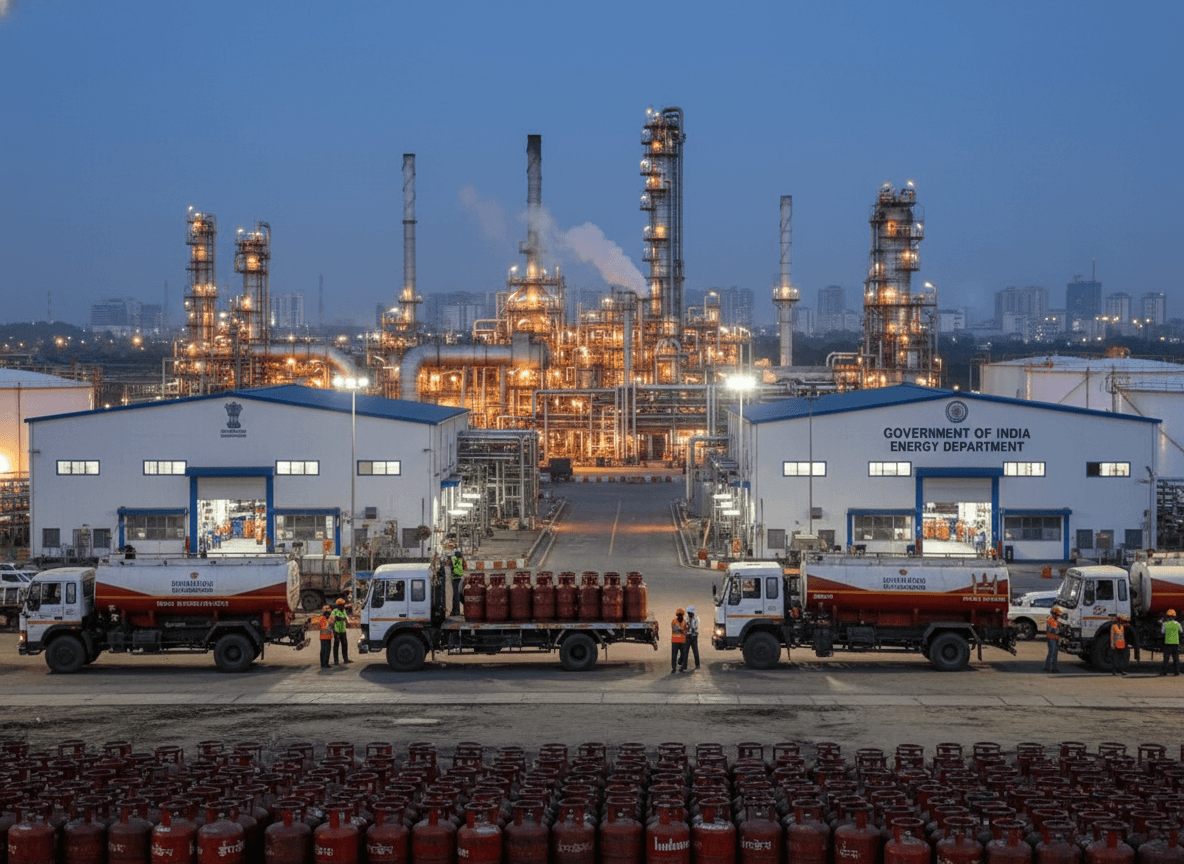 An illuminated Indian oil refinery at dusk, with trucks loading fuel tanks and cylinders, representing robust supply.