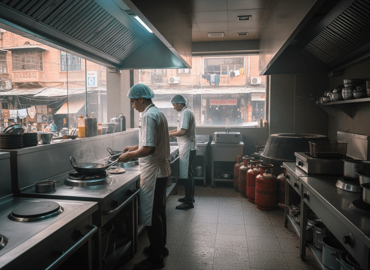 Two chefs cooking in a bustling Delhi restaurant kitchen, one using an electric stove, the other a traditional LPG setup.