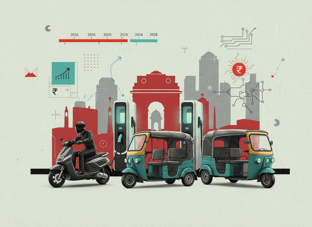 An electric scooter and two auto-rickshaws in front of charging stations and a stylized cityscape.