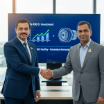 Two executives in suits shake hands in an office, with a screen displaying aerospace investment details.