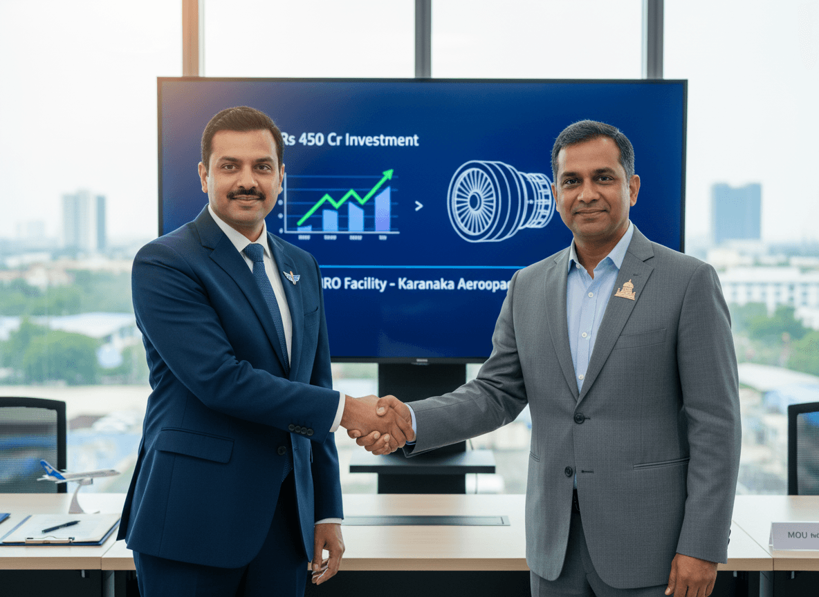Two executives in suits shake hands in an office, with a screen displaying aerospace investment details.