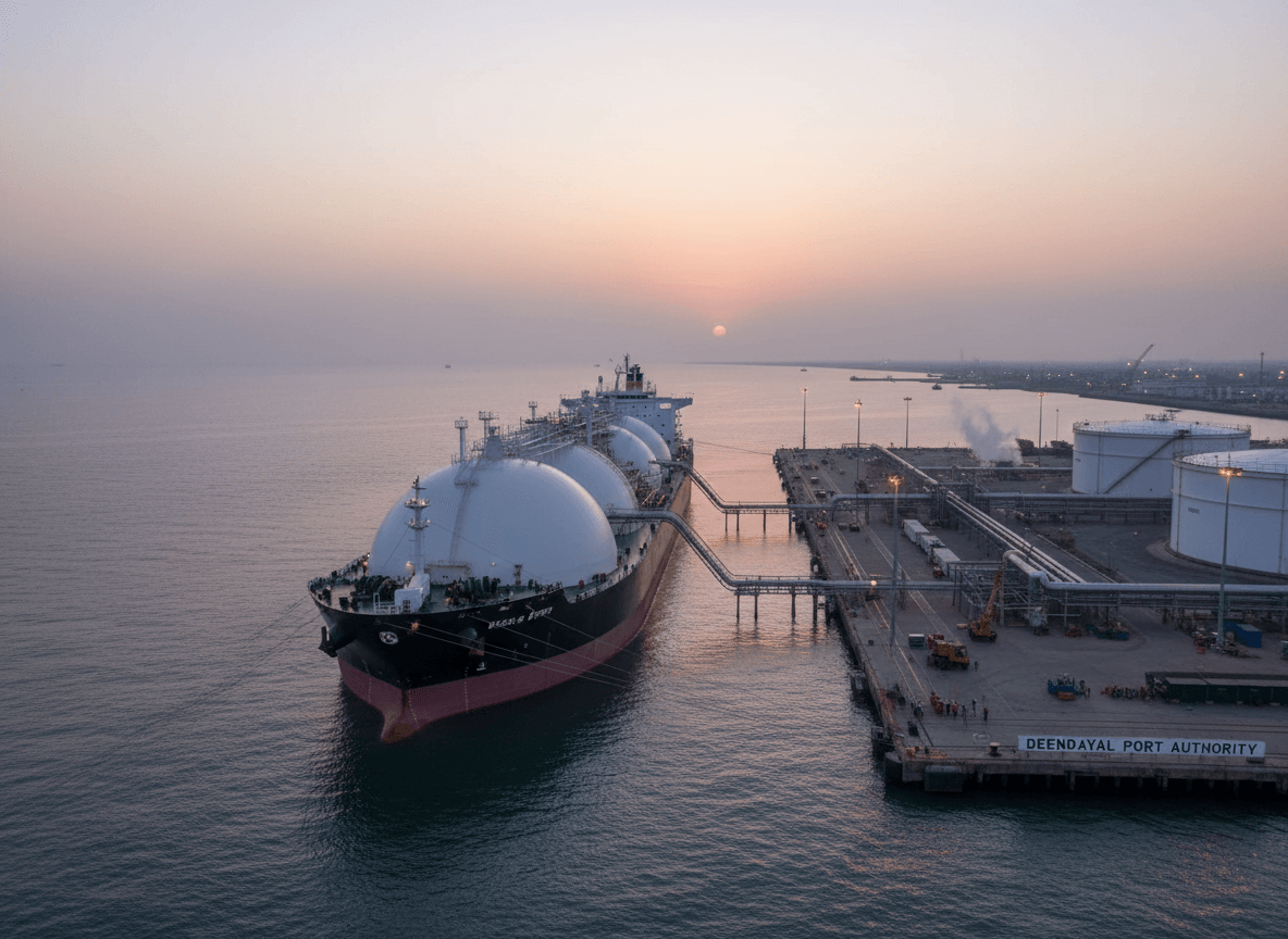 An LPG tanker docked at a modern port terminal in Gujarat at sunset, with storage tanks and industrial infrastructure.