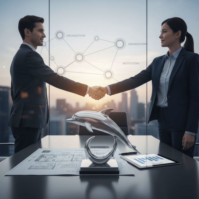 Two professionals shaking hands in an office with a dolphin sculpture, architectural plans, and a tablet.