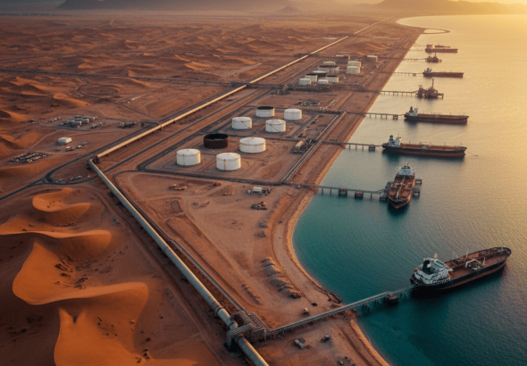 Aerial view of an extensive oil pipeline stretching across a desert landscape to a coastal export terminal.
