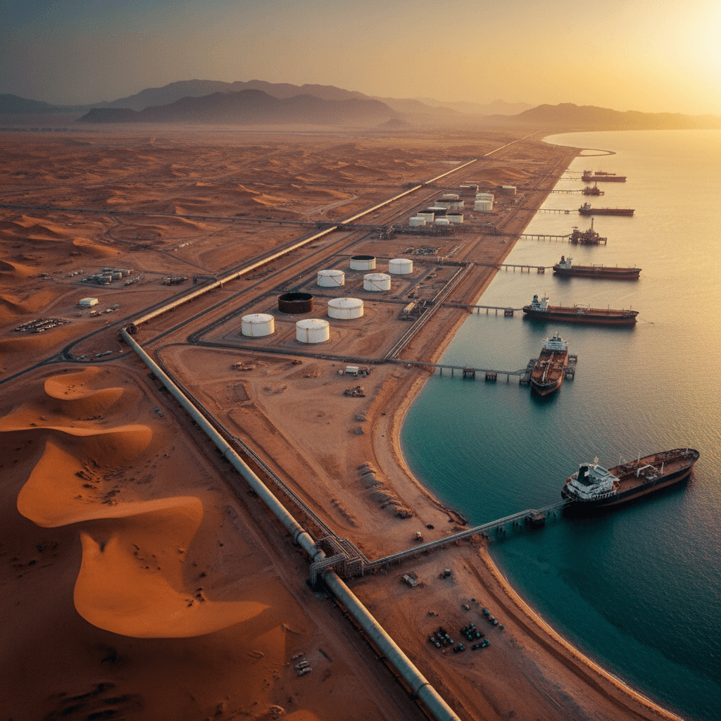 Aerial view of an extensive oil pipeline stretching across a desert landscape to a coastal export terminal.
