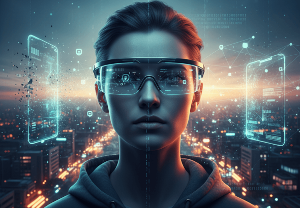 A person wearing AI smart glasses with digital interfaces overlaying a futuristic city skyline at dusk.