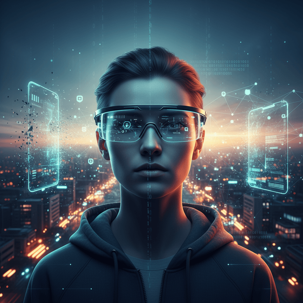 A person wearing AI smart glasses with digital interfaces overlaying a futuristic city skyline at dusk.