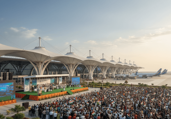 A wide shot of the inauguration ceremony for Noida International Airport, with a large crowd and the new terminal in the background.