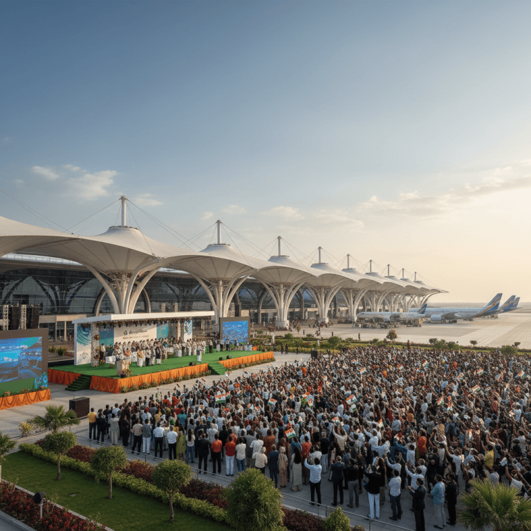 A wide shot of the inauguration ceremony for Noida International Airport, with a large crowd and the new terminal in the background.