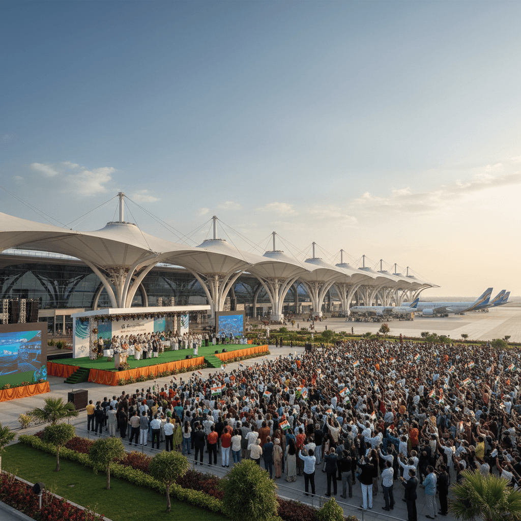 A wide shot of the inauguration ceremony for Noida International Airport, with a large crowd and the new terminal in the background.
