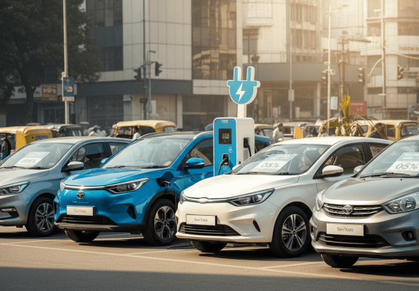 Several mid-range electric vehicles, including white, blue, and silver cars, are parked and charging at a public station in an Indian city.