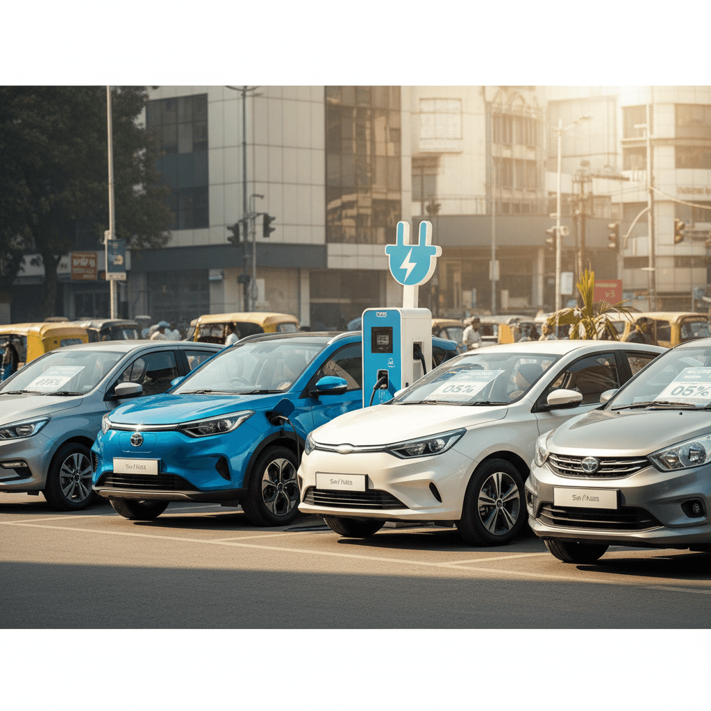 Several mid-range electric vehicles, including white, blue, and silver cars, are parked and charging at a public station in an Indian city.