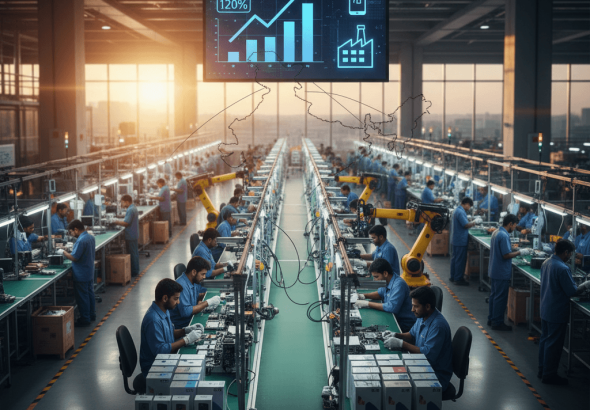 An Indian electronics factory with workers assembling smartphones, a growth chart, and an outline of India on a screen.